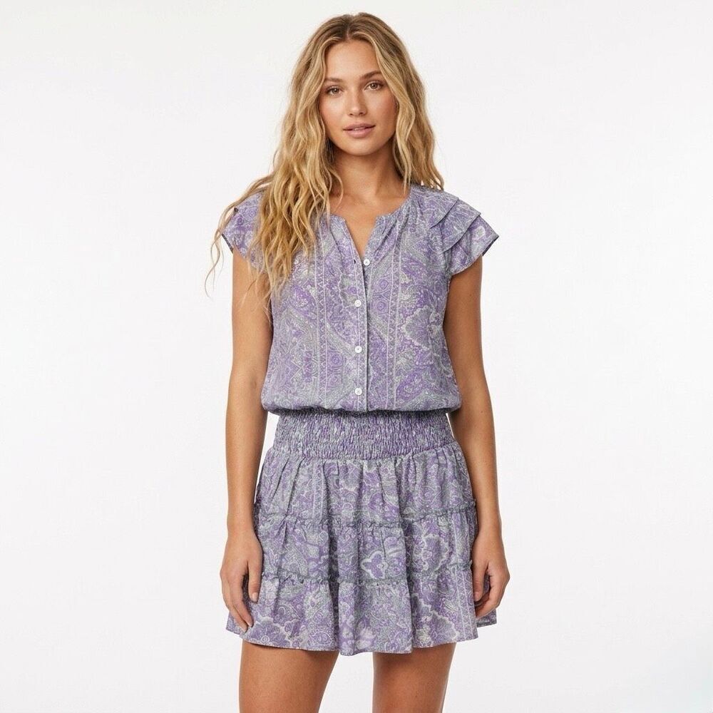 NWOT Perry Walker Collective Jenny Silk Mini Dress Purple Floral Smocked Medium